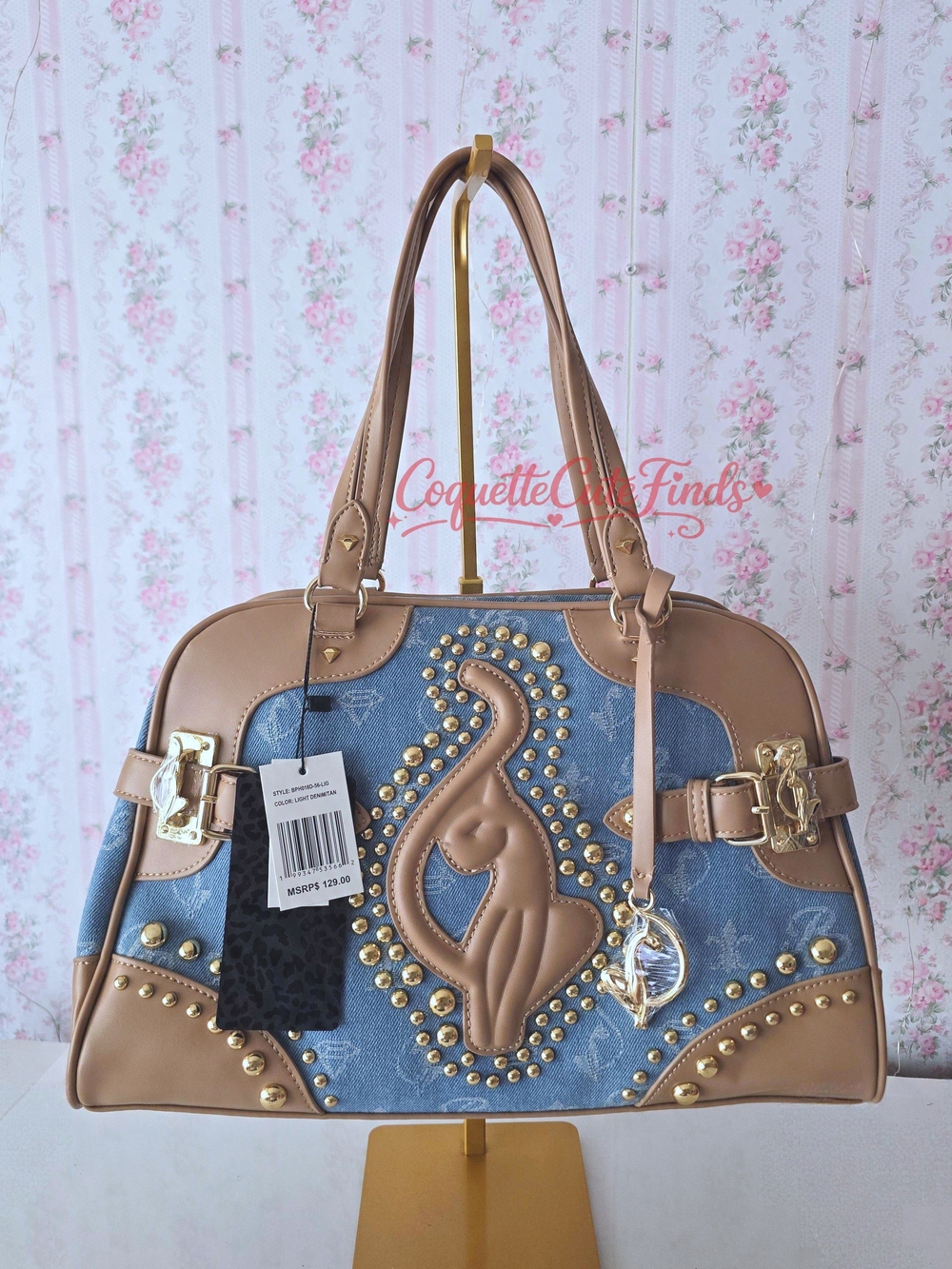 Blue Denim & Tan Studded Satchel Handbag